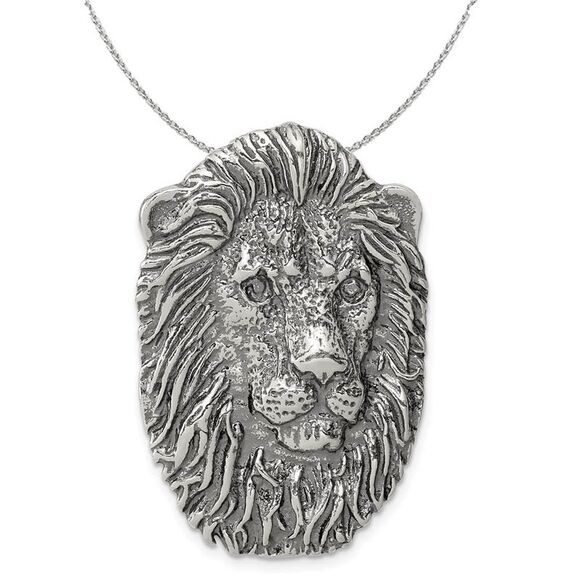 Sterling Silver Large Antiqued Lion's Head Necklace - 24 Inch